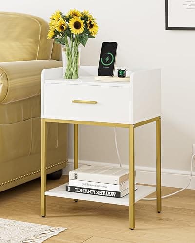 Masupu Nightstand with Charging Station,3-Tier Modern Bedside Night Stand with Storage Drawer and Shelf,Small End Side Table for Bedroom,Living Room,White thumbnail 4