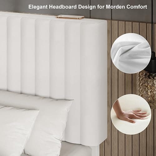 Einhomn Queen Size Bed Frame with Headboard, Upholstered Velvet Platform Bedframe with Solid Wooden Slats, Noise-Free, No Box Spring Needed, Easy Assembly, White thumbnail 4