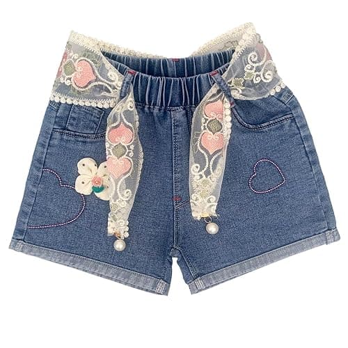 Peacolate 4-10Y Little&Big Girls Denim Summer Shorts Teens Elastic Waistband Heart Jeans - Image 1