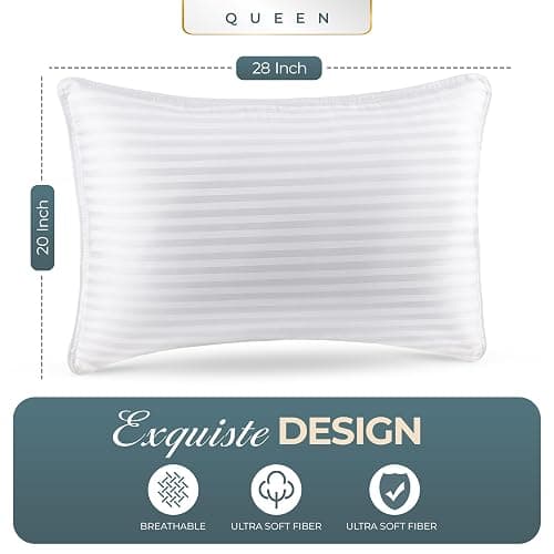 Utopia Bedding Hotel Bed Pillows for Sleeping, Pillows Queen Size Set of 2 | Down alternative pillows, cooling hotel quality, luxury comfort for back, side & stomach sleepers, Premium Stripes, White thumbnail 3