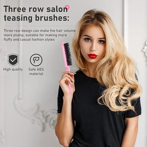 Remerry 12 Pcs Hair Brush Set Rat Tail Comb Edge Teasing, Pink | Nylon Bristle Teasing for Volume, Metal Tail Parting Comb for Sectioning, Dual Sided Edge Smoothing, 6 Duckbill Clips thumbnail 5