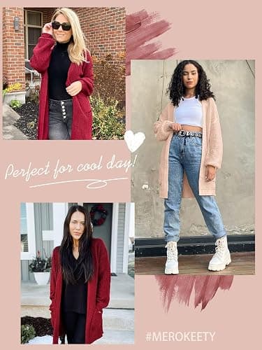 MEROKEETY Women's 2025 Fall Open Front Chunky Knit Sweater Oversized Lantern Sleeve Cardigan Outwear thumbnail 4