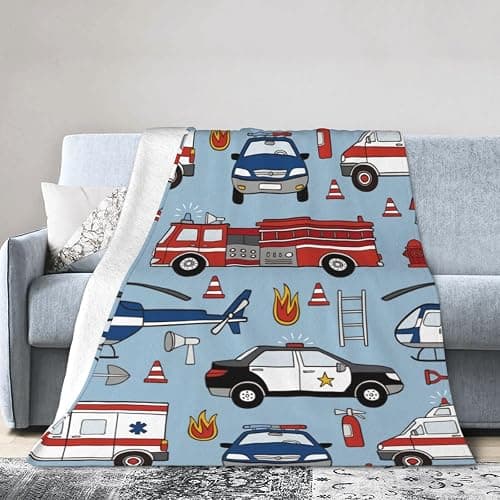 Cartoon Emergency Car Flannel Throw Blanket for Kids Boys Baby Toddler Teens Gifts Soft Warm Bedroom Throws for Home Couch Room Sofa Office Travel Camping Dorm Decor 50x40 Inch thumbnail 2