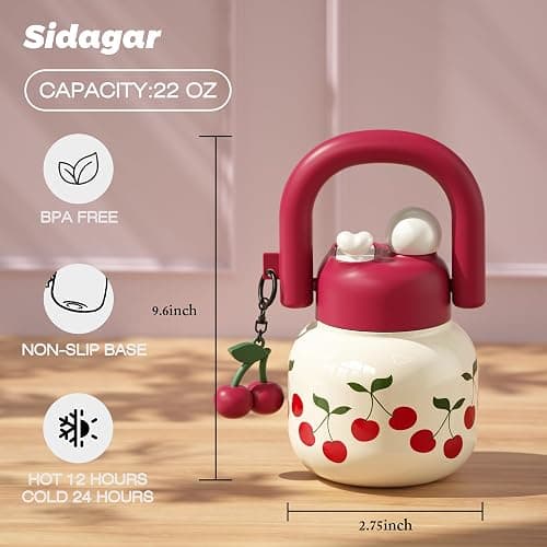 Sidagar 22 oz Tote Water Bottle with Straw and Carry Handle, Wide Mouth Vacuum Insulated Stainless Steel Tumbler, Travel Coffee Cup for Women Easy Carry, Cherry thumbnail 3