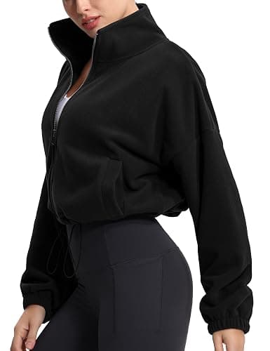 THE GYM PEOPLE Women's Fleece Cropped Jacket Full Zip Stand Collar Workout Short Sherpa Coats with Pockets Drawstring Hem thumbnail 7