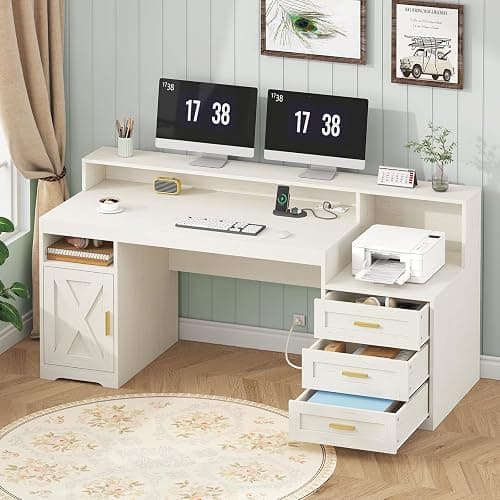 TVU 65" White Computer Desk with Drawers and Printer Stand for Home Office | Office Desk with Power Outlets and Storage Cabinet, Study Writing Desks with Long Monitor Stand - Image 1