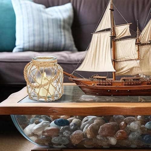 Blushtier 2 Set Nautical Candle Lantern with Rope Handle Coastal Glass Jar Battery Operated LED Flameless Lantern for Room Party Sea Beach House Table Centerpieces Decoration 5.5" x 5.5" x 6.3" thumbnail 4
