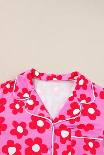 KevaMolly Womens Pajama Sets Pink Flower Print Buttoned Drawstring Waist Lounge Set Short Sleeve Top and Shorts thumbnail 3