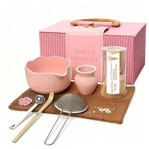 GZIXBDA 8Pcs Matcha Whisk Set, Matcha Set Includes Ceramic Matcha Bowl, Whisk and Holder, Bamboo Scoop, Scoop Rest, Sifter, Measuring Spoons and Tea Towel Tea Kit Gift Set for Women (Pink) - Image 1