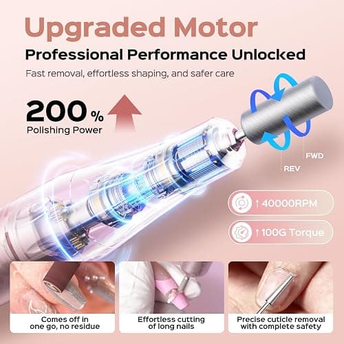 COSLUS Electric Nail Drill Professional: 40000 RPM Rechargeable Nail File with Stand for Acrylic Gel Nails - Stable & Smooth Grinding, Easy to Use, Ideal for Beginners Women, Home DIY and Salon, Pink thumbnail 2