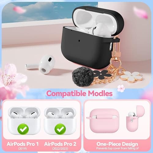 Soft Silicone Case for AirPods Pro 2nd/1st Generation, Protective Cases Cover with Cleaning Kit & Keychain, Compatible with AirPods Pro 2 for Women Girly, Anti-Scratch, Shockproof (Black) thumbnail 6