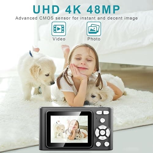 Digital Camera, Camera for Kids, UHD 4K 48MP Point and Shoot Digital Cameras with 64GB SD Card and 16X Digital Zoom Anti Shake, Compact Portable Small Gift for Boys Girls Students, Black thumbnail 2