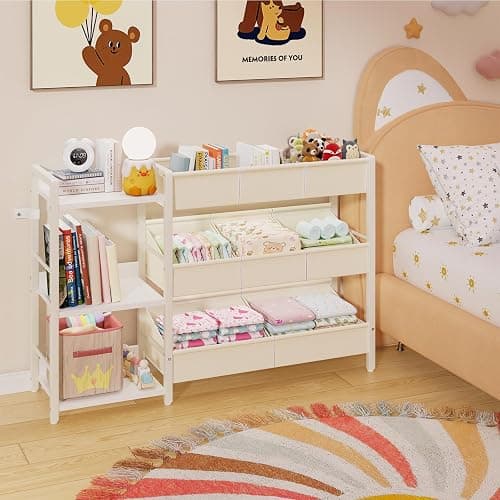CYXPHION B7 Toy Storage Organizer with 3-Tier Wooden Shelves and 8 Bins, Toy Chest Storage, Toy Shelf Organizer, Kids Bookshelf and Toy Storage for Kids Room, Bedroom, Playroom, Nursery, White thumbnail 4