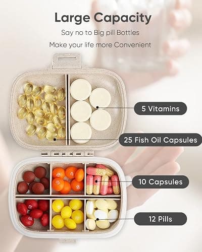 Holii Travel Pill Organizer, 8 Compartments Portable Pill Case, Daily Pill Box to Hold Vitamins, Small Pill Container for Pocket Purse Medicine Organizer（Khaki） thumbnail 6