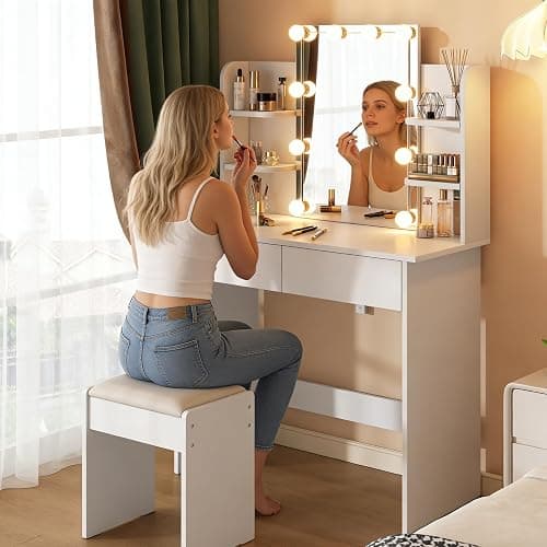Cemoxul White Vanity Desk with Mirror and Adjustable Hollywood Lights, Makeup Vanity Desk with Lights 3 Color Modes, 2 Drawers & 4 Storage Shelves, Compact Dressing Table for Small Space thumbnail 5