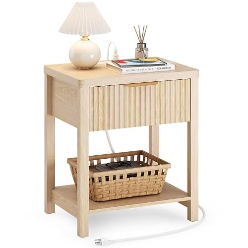 Lulive Fluted Night Stand with Drawers, Fluted Nightstand with Charging Station, Wood Modern Bedside End Table with Storage Drawer for Bedroom, Save Space (Set of 1, Natural Oak) - Image 1