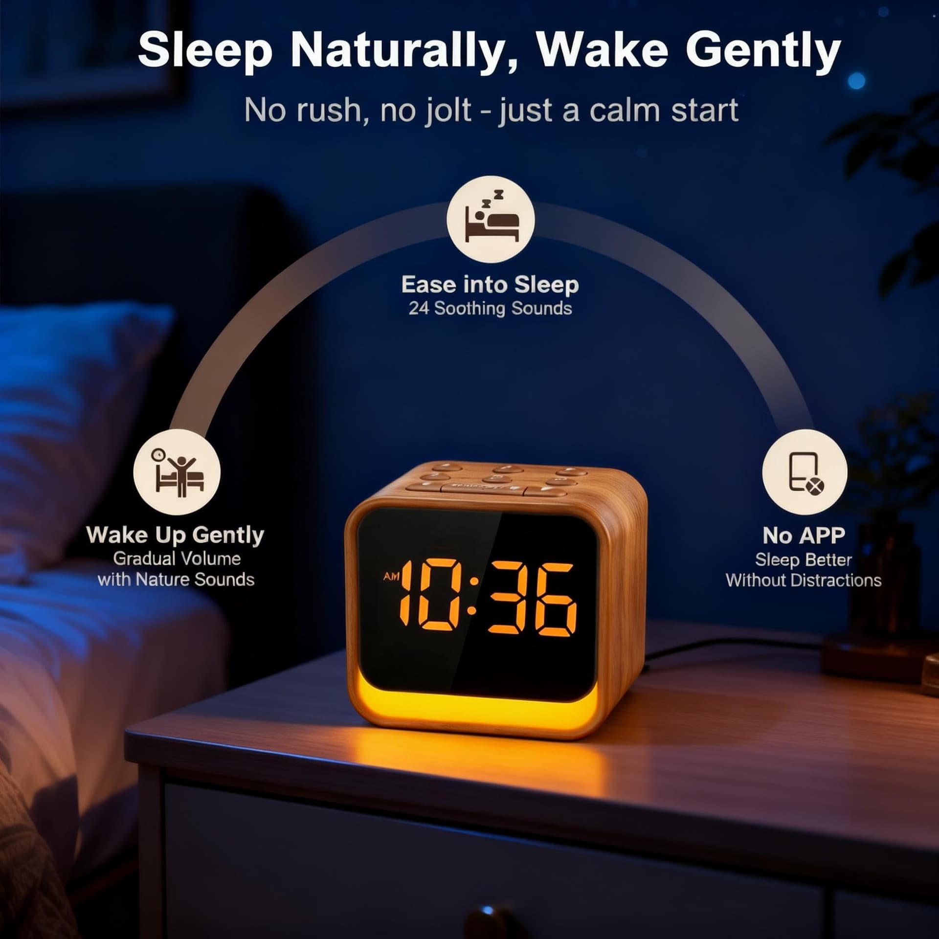 Acedeck Sound Machine Alarm Clock: Wooden Design Natural White Noise - Gentle Wake-Up with 8 Sounds - Nightlight for Phone-Free Sleep Routine thumbnail 2