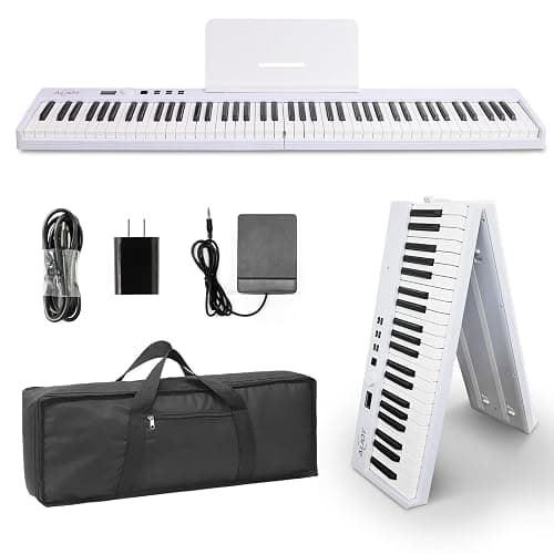 AiJoy 88-Key Piano Keyboard with Semi-Weighted Keys Portable Folding Piano, 128 Tones, Speakers, USB-MIDI, Carry-Bag, Sustain Pedal, Stand Electric Keyboard Piano for Beginners, White - Image 1