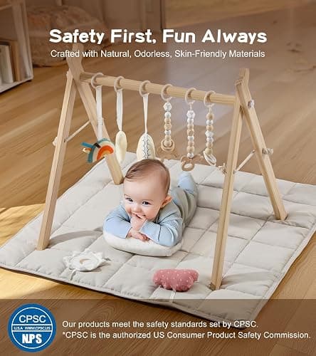 Baby Play Gym with Mat, Wooden Play Gym with 9 Sensory Toys, Baby Activity Center‌ for ‌Infant Motor Development‌, Natural Pine Wood, ‌Easy to Assemble & Clean‌, Montessori Toys, Natural Color thumbnail 2