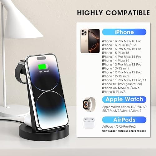 3 in 1 Charging Station for iPhone, Wireless Charger for iPhone 17 16e 16 15 14 13 12 11 X Pro Max & Apple Watch - Wireless Charging Station for AirPods 4 3 Pro thumbnail 5