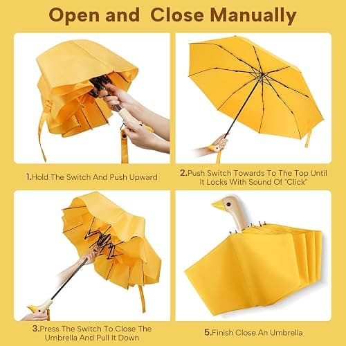 LEAGERA Compact Small Umbrellas for Rain&Sun, Cute Design Duck Head Umbrella for Girls Gifts, 8 Ribs Folding Umbrella with Wooden Handle thumbnail 7