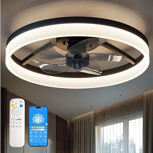 CubiCubi Modern Ceiling Fans, 20 Inch Black Ceiling Fan with Lights and Remote Control, APP, LED Fandelier with 3CCT and 6 Wind Speeds, Low Profile Ceiling Fans with Lights for Bedroom, Office - Image 1