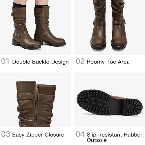 DOBOLIN Mid Calf Boots For Women with a Wide Toe Box Motorcycle Biker Riding Boots with Buckles Round Toe Dress Boots with Low Chunky Heel thumbnail 5