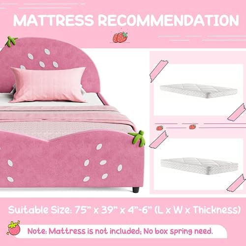 HONEY JOY Twin Bed Frames for Kids, Toddler Wooden Twin Bed Platform w/Headboard & Slat Base, No Box Spring Needed, Children Bedroom Furniture for Boys Girls, Fits Standard Twin Mattress, Strawberry thumbnail 5