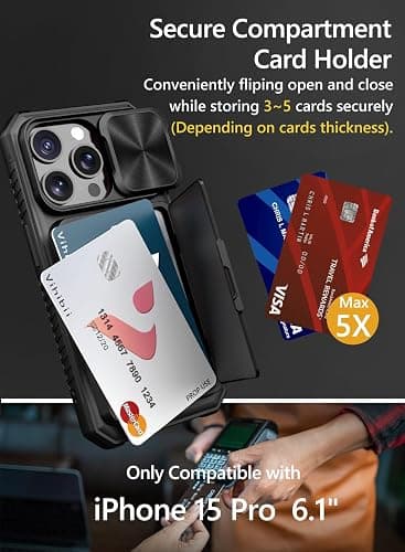 Vihibii for iPhone 15 Pro Case with Card Holder (4 Cards) & Slide Camera Cover & Kickstand, Shockproof Rugged Hard Back & TPU Soft Edge Wallet Phone Case for iPhone 15 Pro 5G 6.1" 2023, Black thumbnail 3
