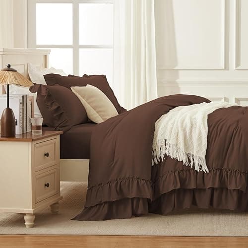 Andency Brown Ruffle Full Size Comforter Set, 3 Pieces | Vintage Farmhouse Shabby Chic, Soft Lightweight Fluffy Bed Comforter Sets, All Season Bedding Set thumbnail 6