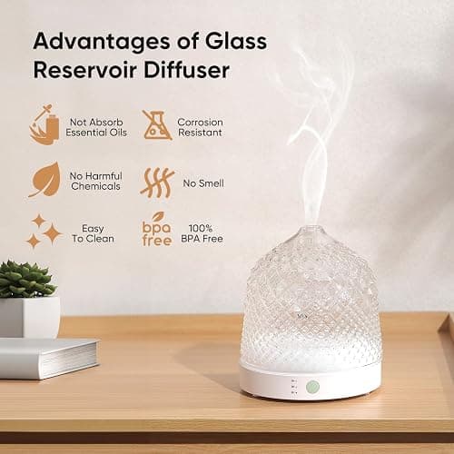 Lecdura Glass Essential Oil Diffuser, 200ml Ultrasonic Aroma Diffusers with Glass Reservoir Dome & White Plastic Base Lock Color Auto-Off Timer 7 Color Light for Home Office Bedroom Yoga thumbnail 3