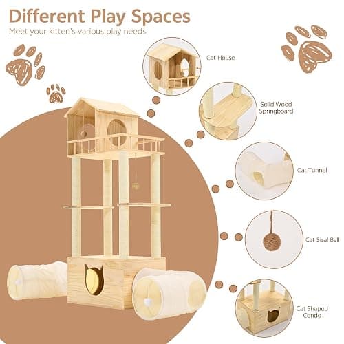 Homiflex Wood Cat Tree with 2 Tunnels, 61''H Pine Wood Cat Tower for Adult Cats, Sturdy & Durable Pet Climbing Systems for Indoor, Multi-Level Wooden Tower with Scratching Posts, Runway, Burlywood thumbnail 4