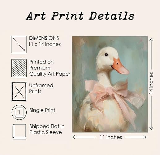 Cute Duck with Pink Bow Wall Art Girly Room Decor College Dorm Wall Art Soft Pastel Tones Painting Print Vintage Aesthetic Wall Decor Kids Room Decor (11 x 14 inch Print) thumbnail 2
