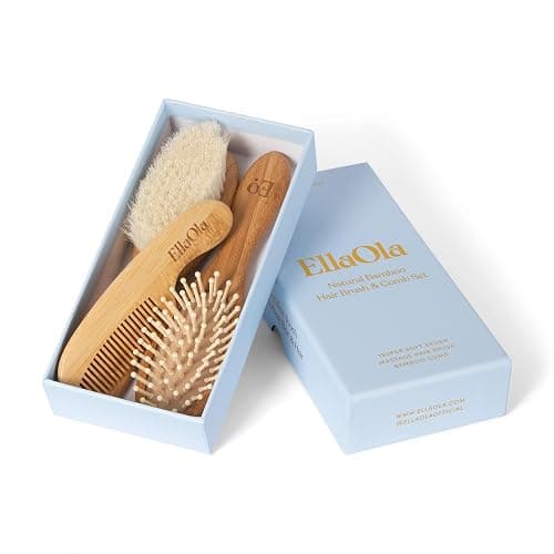 ELLAOLA Natural Bamboo Hair Brush & Comb Set, 3 Piece - Cradle Cap Brush, Massage Hair Brush, Bamboo Comb for Toddlers, Newborns & Infants I Baby Registry Gift - Image 1