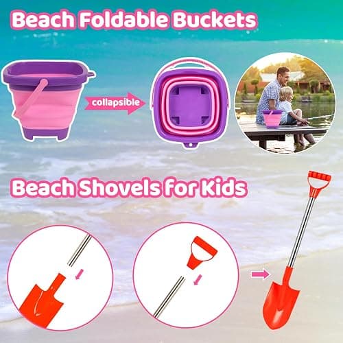 Beach Sand Toys for Kid Age 3-12 Collapsible Buckets 2 Big Size Sand Shovel | Rake Animal Sand Molds Toys with Mesh Bag Silicone Pail Sandbox Kit Beach Accessories Must Haves for Kids Age 3+ (19 PCS) thumbnail 3