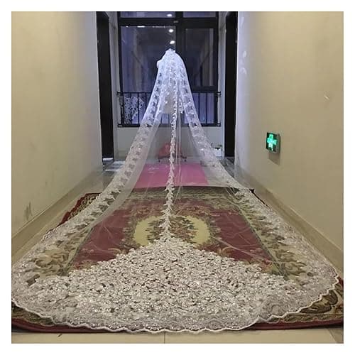 Luxury Shiny Sequins Bridal Veil Church Bridal Veil Lace Edge 1-Layer Metal Comb 5 Meters Long Wedding Accessories - 300cm - Ivory