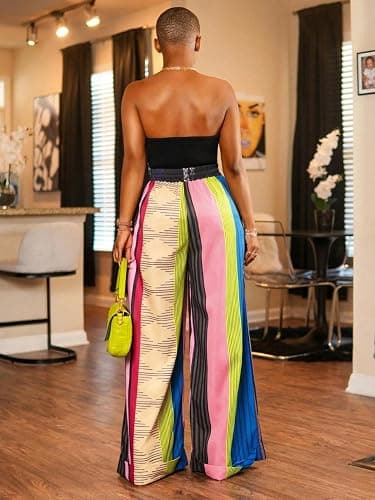 ZAFUL Casual Pants for Women, Color Blocked Loose Oversized Pants Retro Printed Stripe Straight Leg Pant with Pockets thumbnail 6