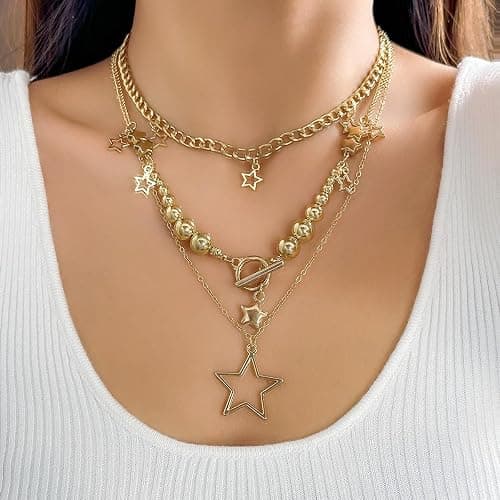 3Pcs Y2k Layered Star Pearl Necklace Sets for Women Teen Girls,14K Gold Link Chains Beaded Aesthetic Choker Necklace Party Prom Trendy Adjustable Jewelry thumbnail 5