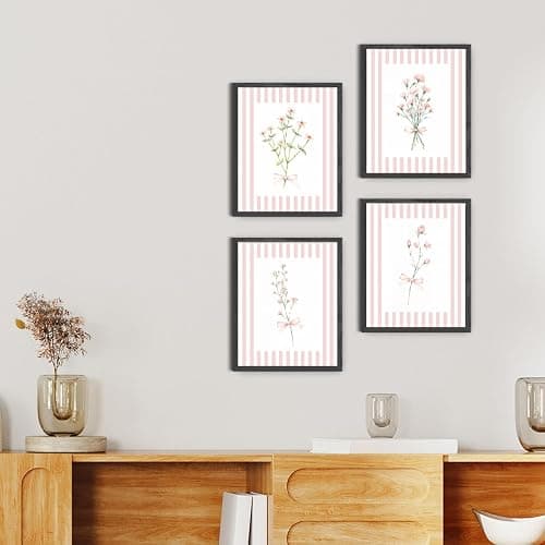 JINYO Coquette Pink Bow Floral Wall Art Prints Set of 4, Floral Room Decor, Preppy Pink and White Striped Flower Posters Pictures Wall Decor for Girls Room Bedroom Dorm Home, 8x10 Unframed thumbnail 5
