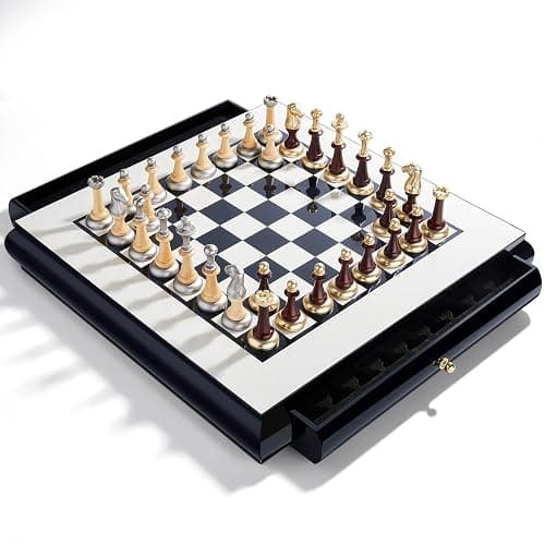 AMEROUS 16 Inches Wooden Chess Set, Large Size Board with 2 Built-in Storage Drawers - 2 Extra Queens - Metallic & Wooden Chess Pieces - Gift Packaging, Board Games for Adults and Kids thumbnail 5