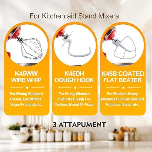 3-Piece Kit Attachments for KitchenAid Tilt-Head Stand Mixer, Accessories Stainless Steel K45WW Wire Whip, K45DH Dough Hook and K45B Coated Flat Blade Paddle with Scraper thumbnail 3
