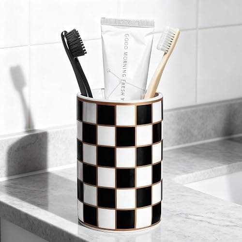 Checkered Bathroom Toothbrush Holder, Bathroom Black and White Ceramic Toothbrush Holder, Modern Toothbrush Box, Used for Bathroom countertop Storage Rack, Checkered Bathroom Decoration (Black) thumbnail 9