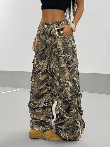 OYOANGLE Women's Camo Print Baggy Cargo Pants Elastic Waist Flap Pocket Straight Leg Trousers Streetwear thumbnail 3