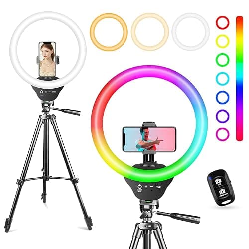 Sensyne 10'' RGB Ring Light with 50'' Extendable Tripod Stand, Circle Lights with Phone Holder for Live Stream/Makeup/YouTube Video/TikTok, Compatible with All Phones - Image 1