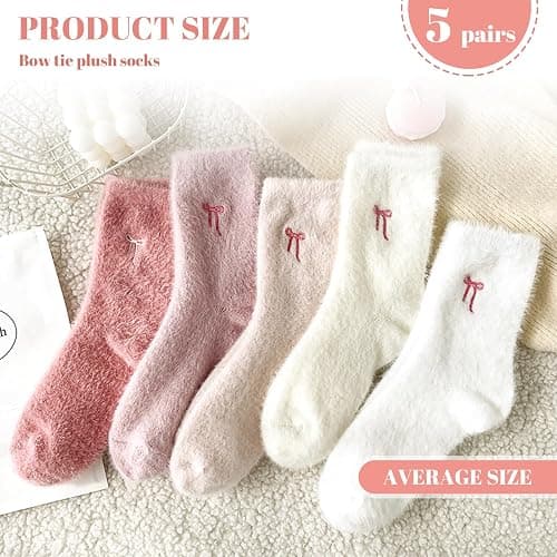 CharmBurst 5 Pairs Fluffy Cosy Socks Ladies With Bow, Warm Winter Socks, Thick Furry Socks For Home, Winter Thermal Socks Ladies, Soft Sleep Socks thumbnail 3