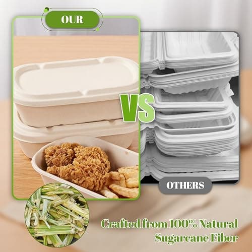 [100% Eco-Friendly] 34 oz Disposable Food Containers with Lids – Sugarcane Pulp Take Out Containers, Biodegradable Lunch Box, Compostable and Microwave Safe To-Go Boxes for Meal Prep – Pack of 50 thumbnail 6
