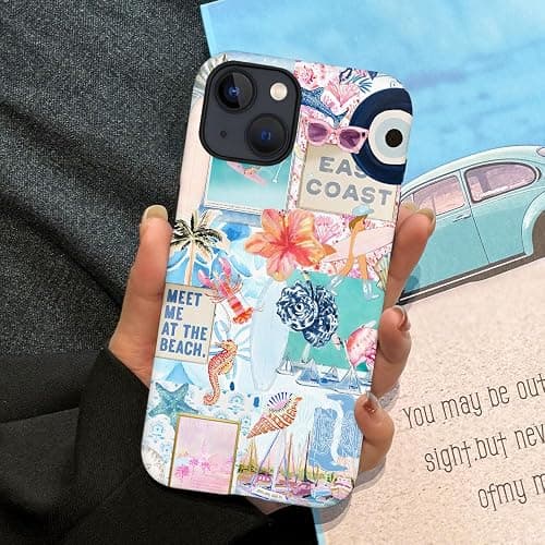Generic Case Compatible with iPhone 14,Scratch Resistant Hybrid 2-Layer Hard Shell Phone Case,Seashells Beach Summer Jellyfish Collage thumbnail 5