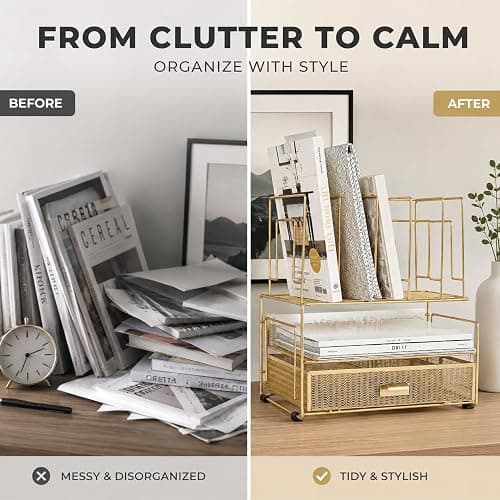 BLU MONACO | Gold Desk Organizer With Drawer | Metal Mesh File Holder & Vertical File Organizer | Desktop Storage for Office Supplies, Papers & Folders | 9.3" D x 13" W x 14" H thumbnail 7