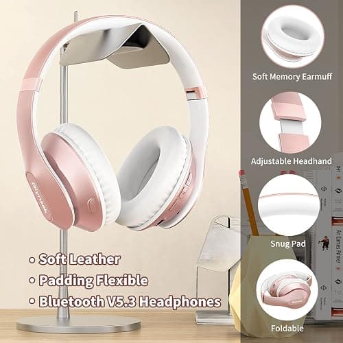 Glynzak Wireless Bluetooth Headphones Over Ear 65H Playtime HiFi Stereo Headset with Microphone and 6EQ Modes Foldable Bluetooth V5.3 Headphones for Travel Smartphone Computer Laptop Rose Gold thumbnail 4