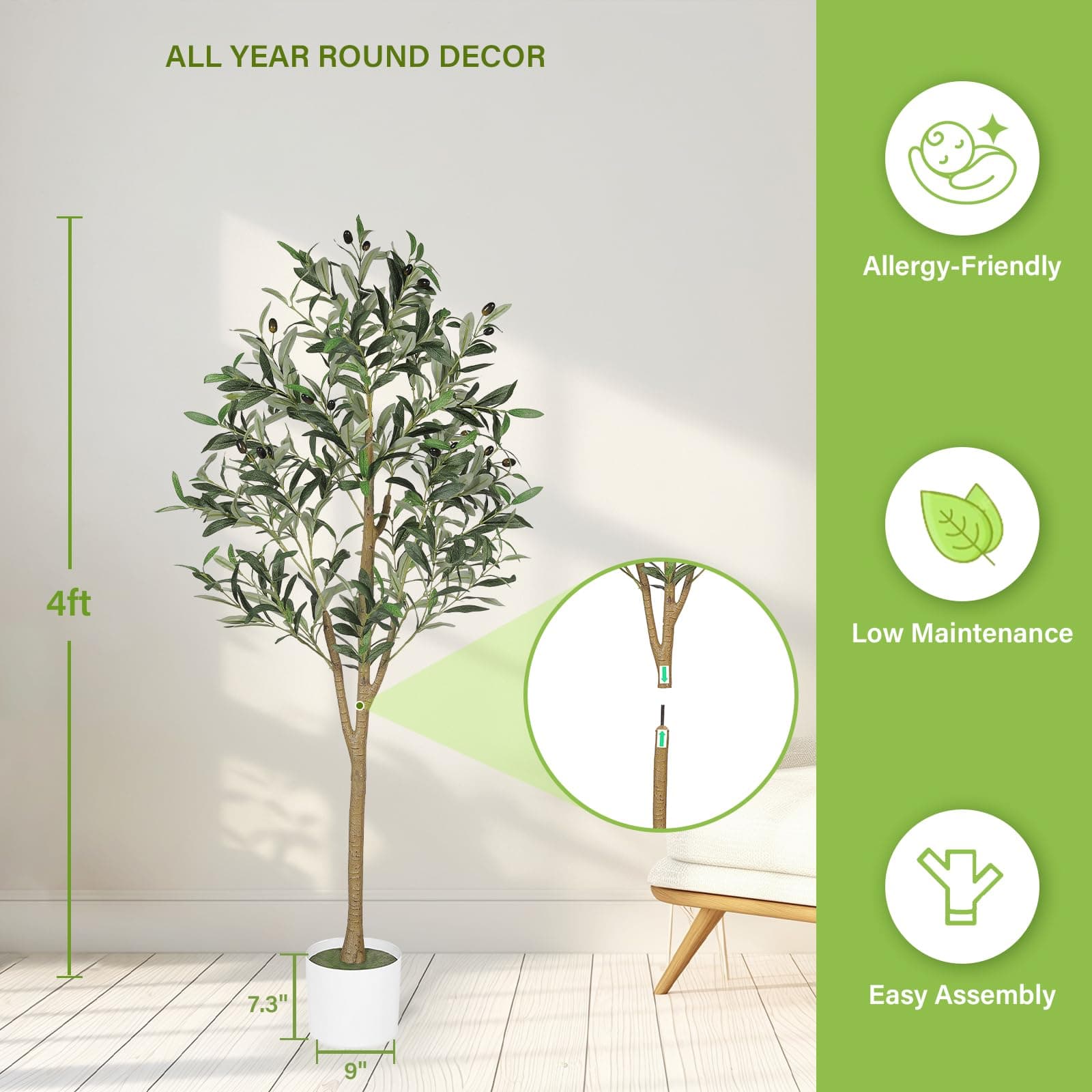 FEELEAD Faux Olive Tree 4ft – Olive Trees Artificial Indoor with Natural Wood Trunk and Lifelike Fruits – Realistic Fake Olive Tree, Artificial Olive Tree for Home, Office, Living Room Decor thumbnail 2